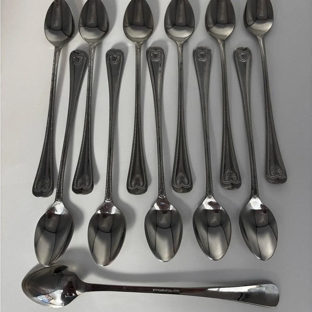 Towle Iced Tea Spoons Abbey Shell Stainless Steel Japan Set of 12 Silver 7 3/4